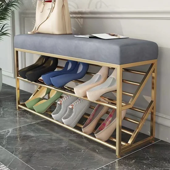 Moderne, leichte, luxuriöse Schuhregale mit Metallrahmen und weichem Bank-Wohnzimmer-Schuhregal